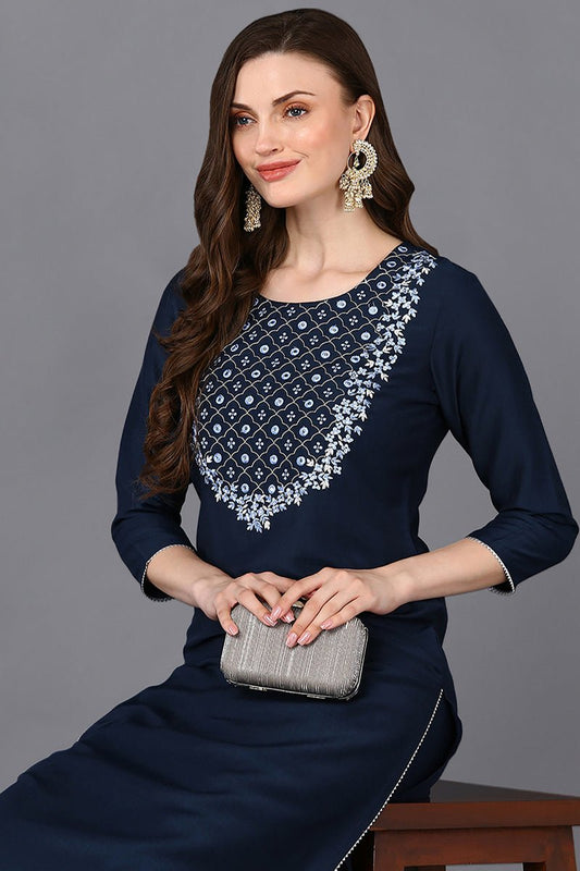 Ahika Navy Blue Silk Blend Embroidered Straight Kurta