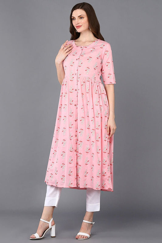 Ahika Cotton Pink Printed Flared Kurta