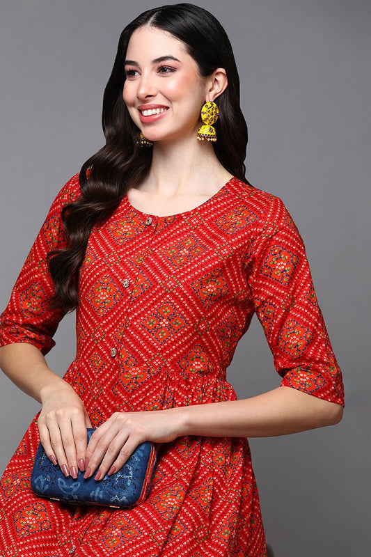 Ahika Red Cotton Bandhani A-Line Kurta