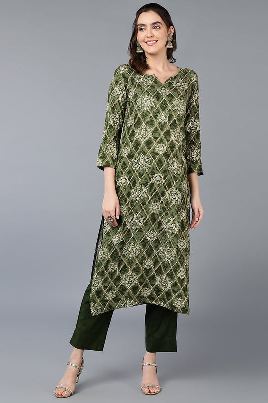Ahika Green Viscose Rayon Printed Straight Kurta