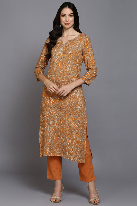 Ahika Orange Viscose Rayon Ethnic Motifs Straight Kurta