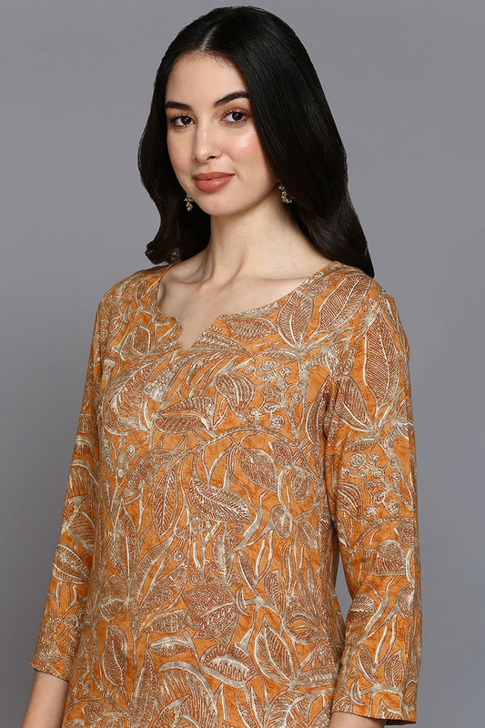 Ahika Orange Viscose Rayon Ethnic Motifs Straight Kurta