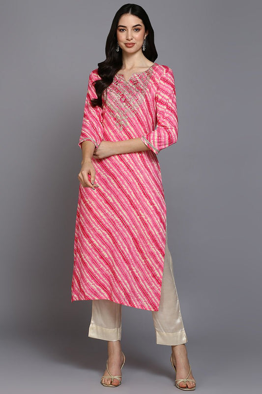 Ahika Pink Viscose Rayon Leheriya A-Line Kurta