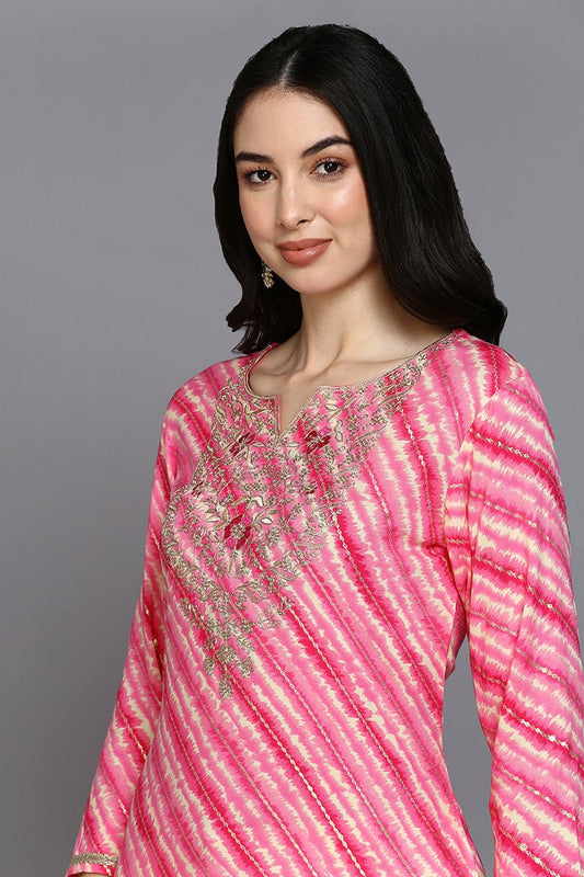Ahika Pink Viscose Rayon Leheriya A-Line Kurta
