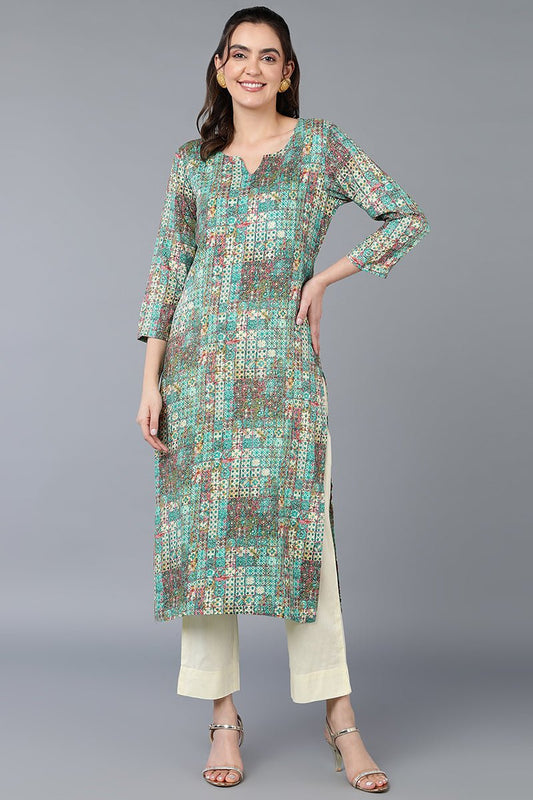 Ahika Cotton Blend Green Printed Straight Kurta
