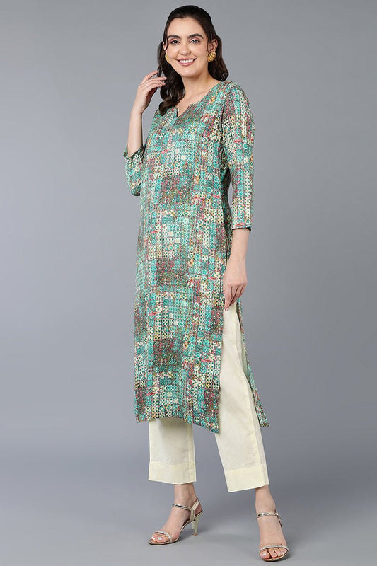 Ahika Cotton Blend Green Printed Straight Kurta