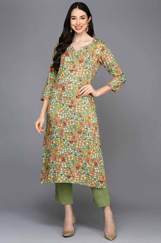 Ahika Green Viscose Rayon Floral A-Line Kurta