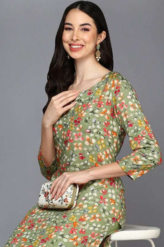 Ahika Green Viscose Rayon Floral A-Line Kurta