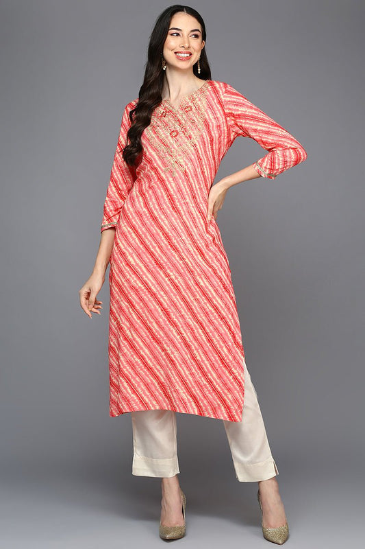 Ahika Peach Viscose Rayon Striped Straight Kurta