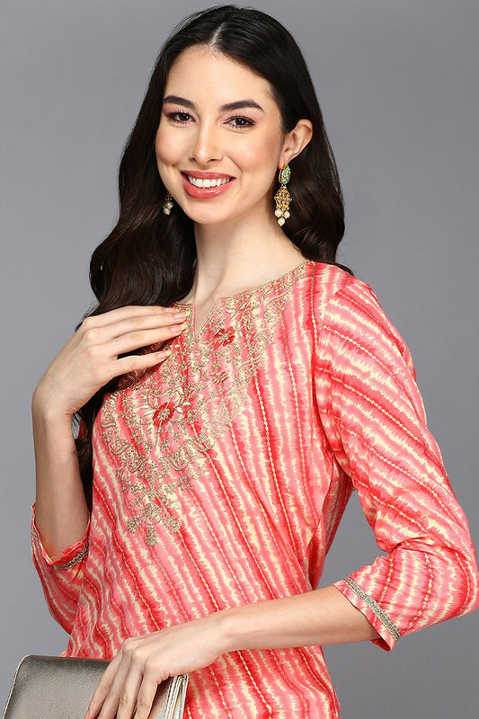 Ahika Peach Viscose Rayon Striped Straight Kurta