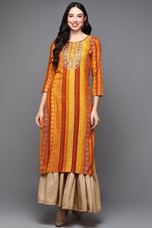 Ahika Yellow Viscose Rayon Ethnic Motifs Straight Kurta