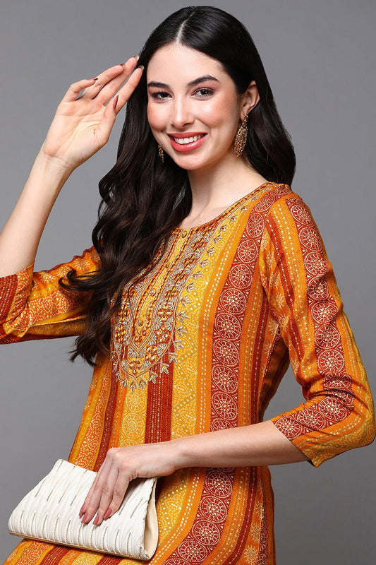 Ahika Yellow Viscose Rayon Ethnic Motifs Straight Kurta