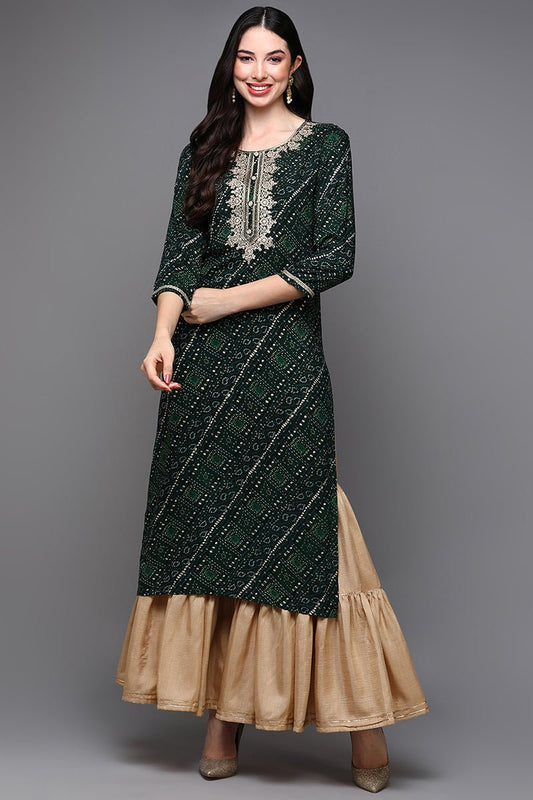 Ahika Green Viscose Rayon Bandhani Straight Kurta