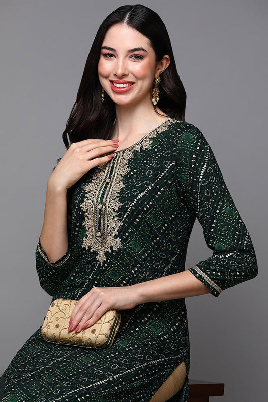 Ahika Green Viscose Rayon Bandhani Straight Kurta