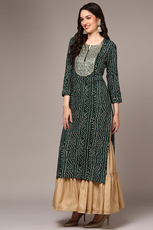 Ahika Plus Size Green Viscose Rayon Bandhani Printed Straight Kurta
