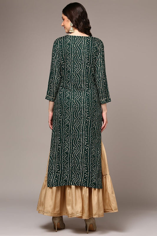 Ahika Plus Size Green Viscose Rayon Bandhani Printed Straight Kurta