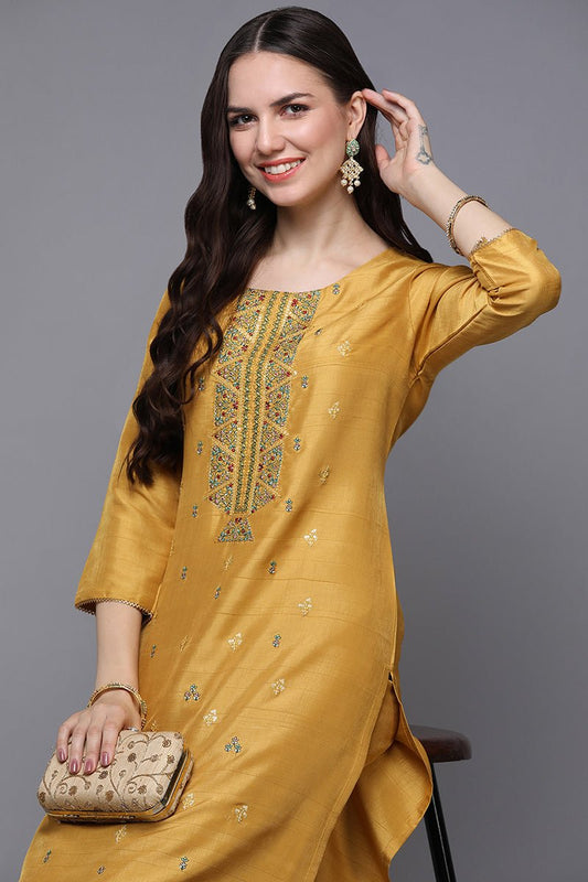 Ahika Yellow Silk Blend Ethnic Motifs Straight Kurta