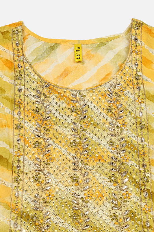 Ahika Yellow Viscose Rayon Leheriya Printed Straight Kurta