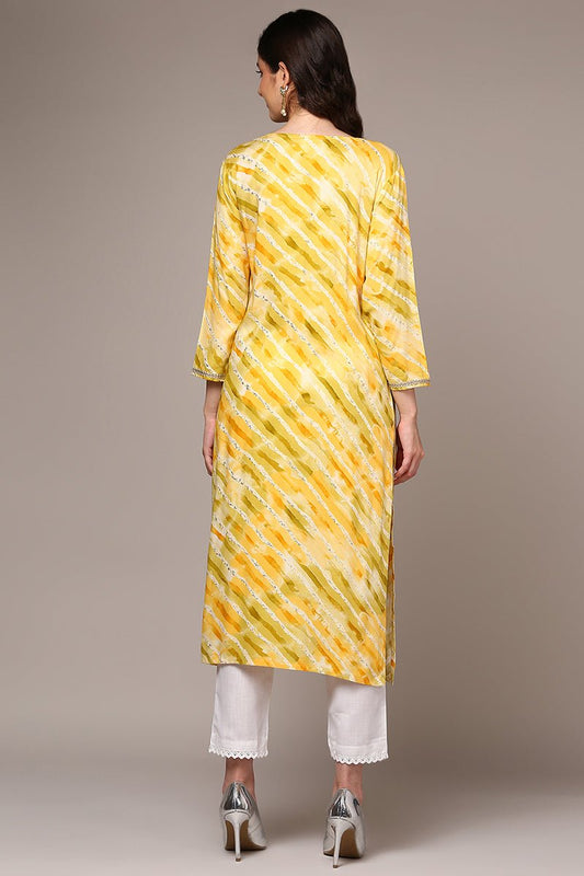 Ahika Yellow Viscose Rayon Leheriya Printed Straight Kurta
