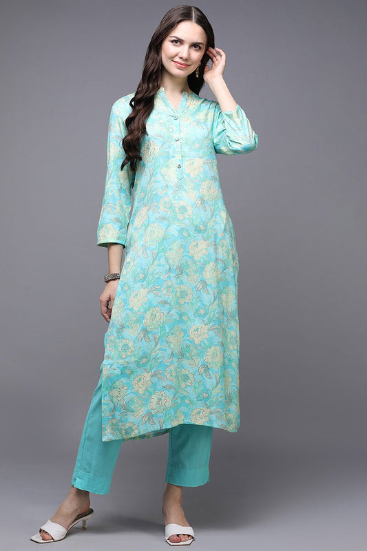 Ahika Turquoise Blue Viscose Rayon Floral Straight Kurta