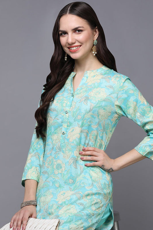 Ahika Turquoise Blue Viscose Rayon Floral Straight Kurta