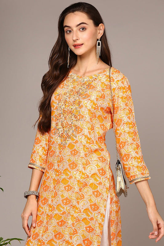 Ahika Orange Viscose Rayon Embroidered Kurta