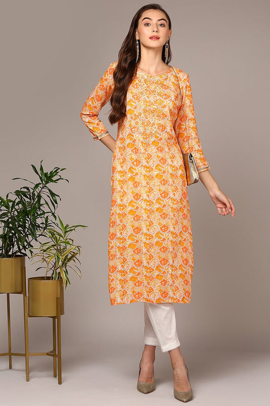 Ahika Orange Viscose Rayon Embroidered Kurta