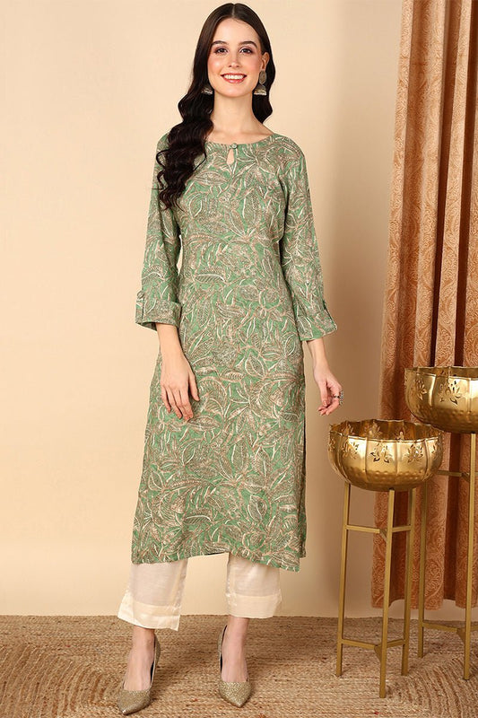 Ahika Plus Size Green Viscose Rayon Ethnic Printed Straight Kurta