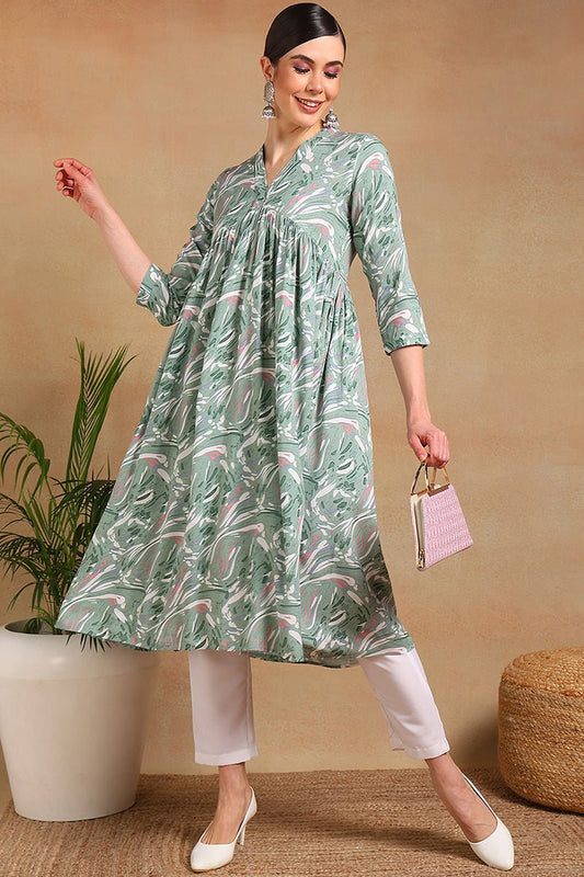 Ahika Green Viscose Rayon Floral Printed A-Line Kurta