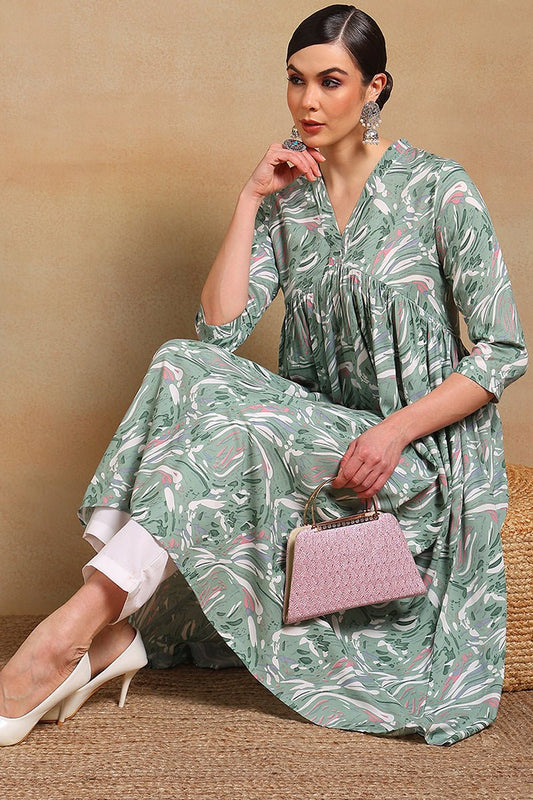 Ahika Green Viscose Rayon Floral Printed A-Line Kurta