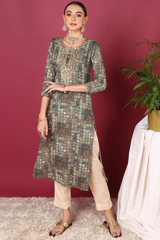Ahika Plus Size Blue Viscose Rayon Ethnic Motifs Printed Straight Kurta