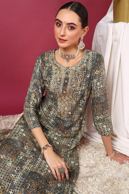 Ahika Plus Size Blue Viscose Rayon Ethnic Motifs Printed Straight Kurta
