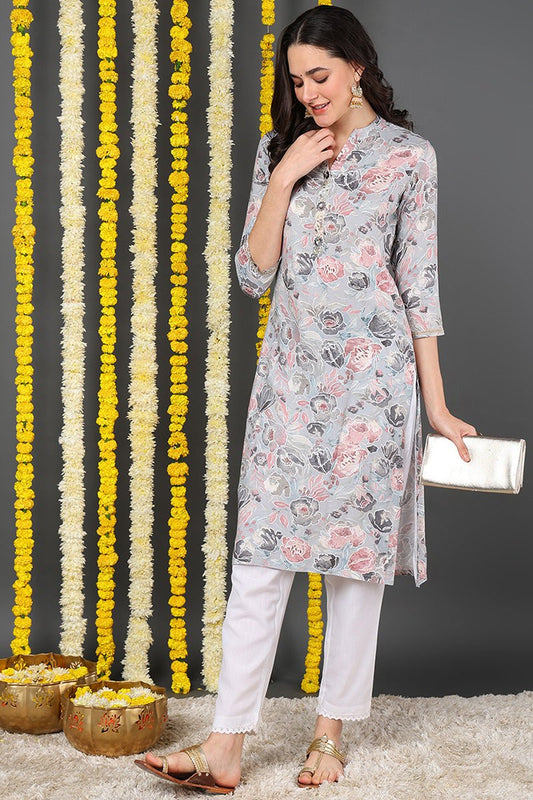 Ahika Plus Size Grey Viscose Rayon Floral Printed Straight Kurta
