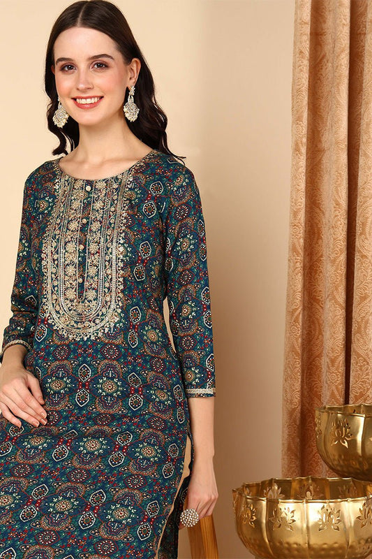 Ahika Plus Size Blue Viscose Rayon Bandhani Printed Straight Kurta