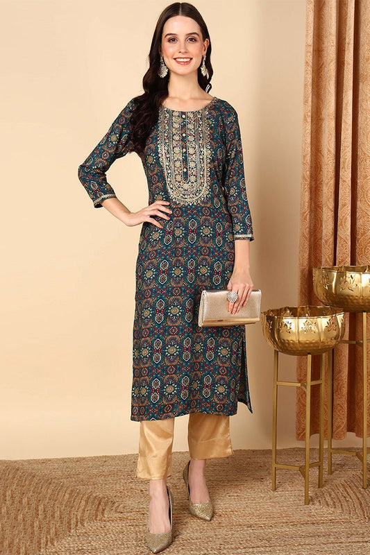Ahika Plus Size Blue Viscose Rayon Bandhani Printed Straight Kurta