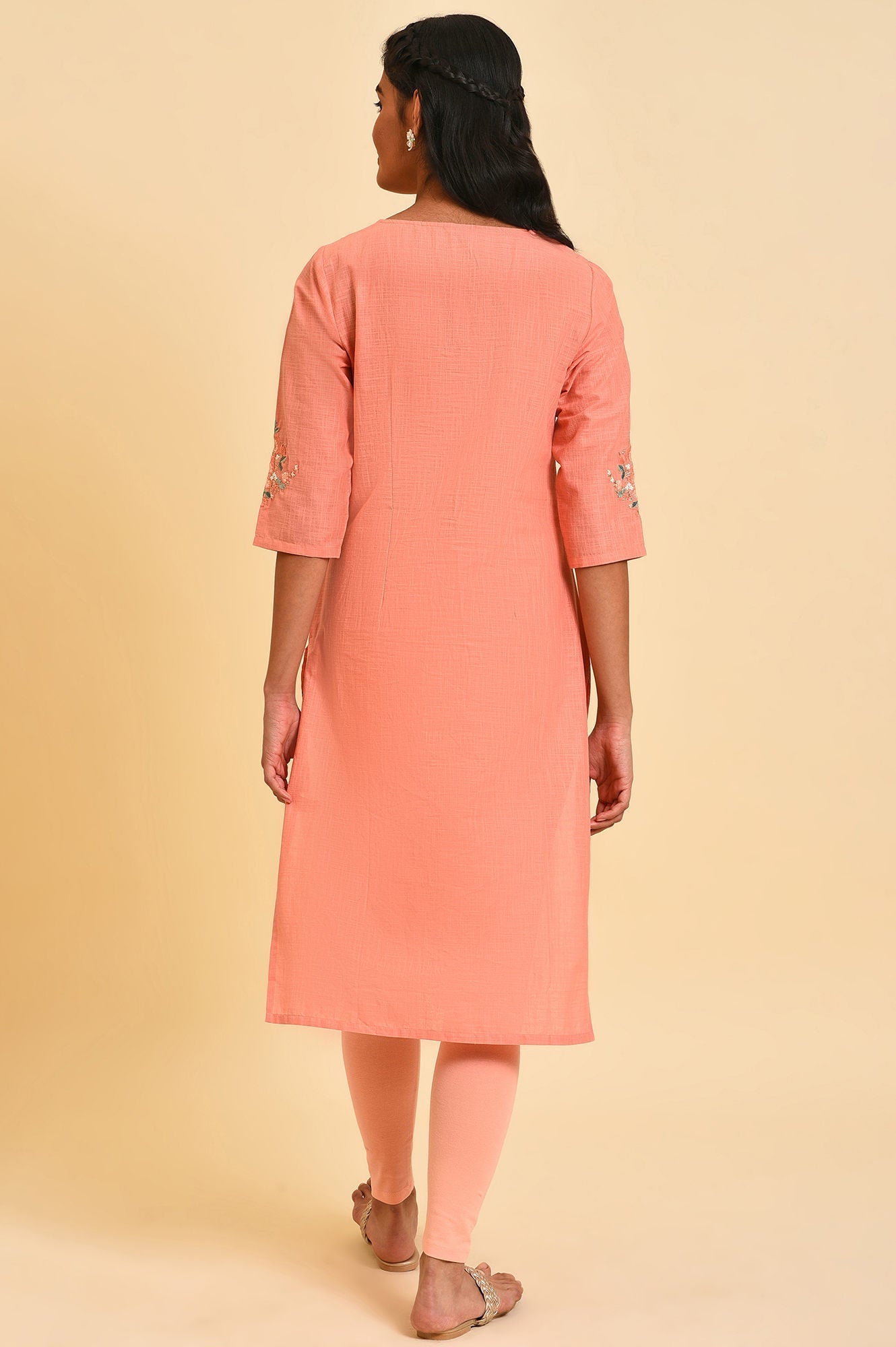 W for Woman Peach Glitter Printed Pure Cotton Straight Kurta and Leggings Set