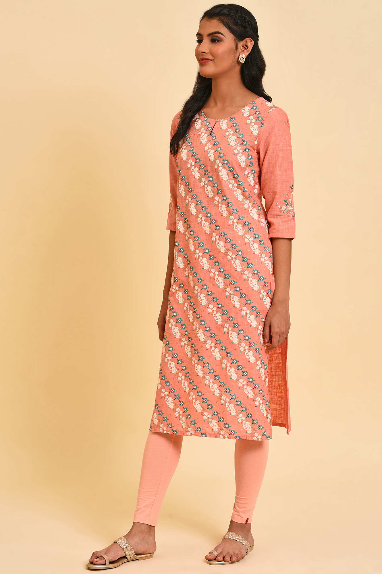 W for Woman Peach Glitter Printed Pure Cotton Straight Kurta and Leggings Set