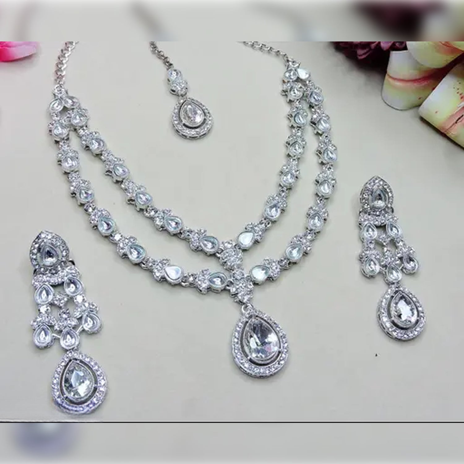 Jewel City Teardrop Bridal Necklace Set with Earrings & Maang Tikka | Ethnic Wedding Jewelry for Brides & Parties | Grab2Buy