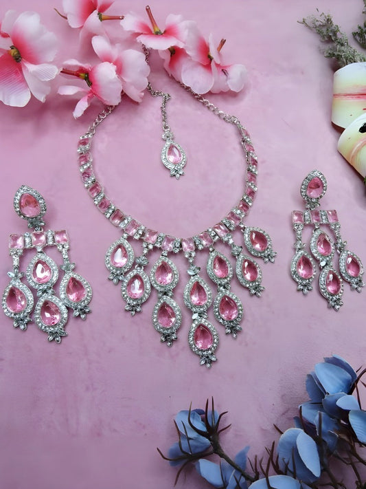 Jewel City Stunning Pink Crystal Bridal Necklace Set with Earrings & Maang Tikka Teardrop Statement Jewelry | Grab2Buy