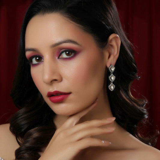 3 Tier Kundan and Diamond Earrings (Silver) - Ruby Raang - Grab2buy