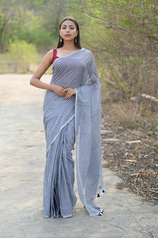 Very Much Indian Designer Pure Cotton Saree With All Over Linear Stripes - Sage Grey - Grab2buy