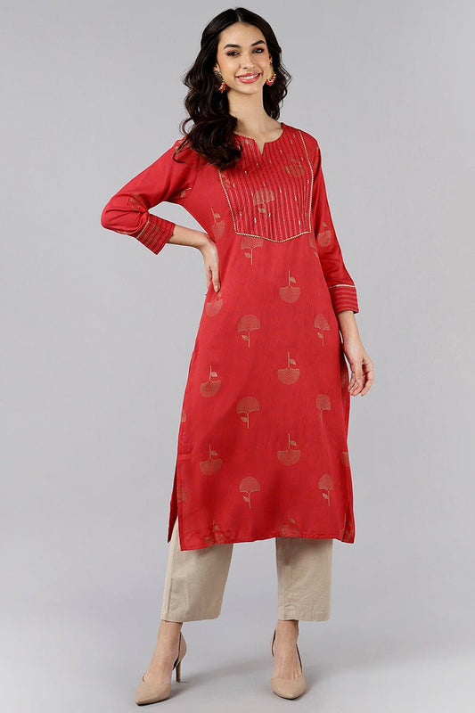 Ahika Red Cotton Sequin Embroidered Straight Kurti