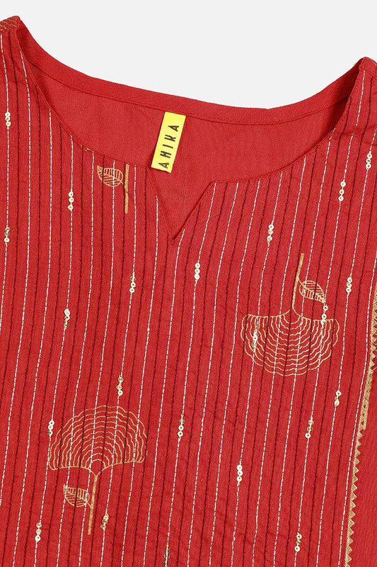 Ahika Red Cotton Sequin Embroidered Straight Kurti