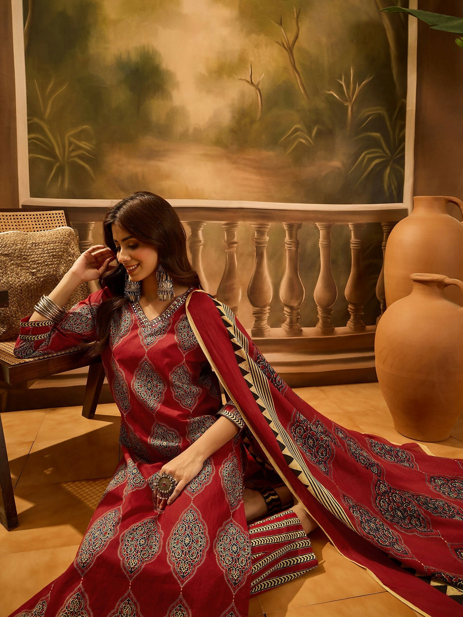 Joban Fashion Printed Maroon Pure Cotton Kurta Set