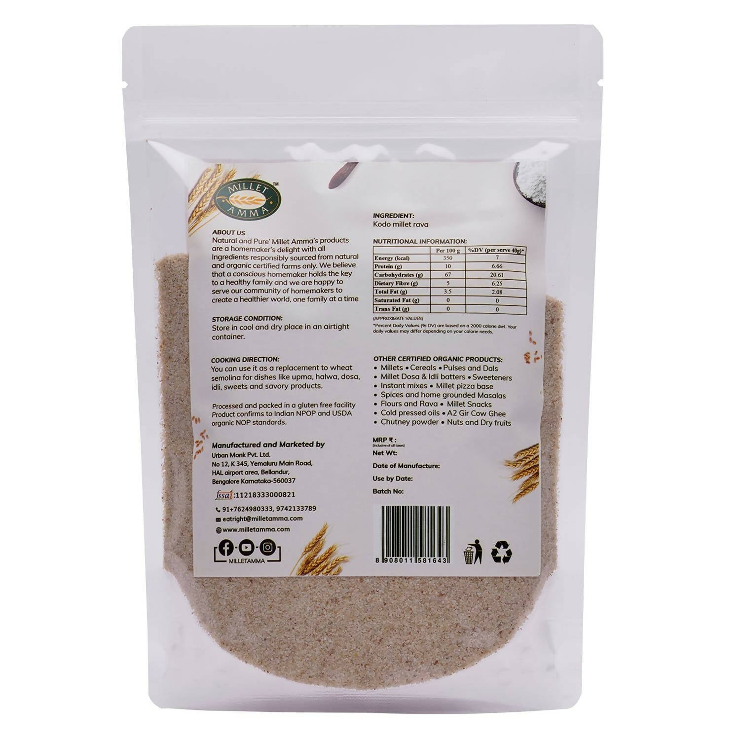 Millet Amma Organic Kodo Millet Rava - Grab2buy