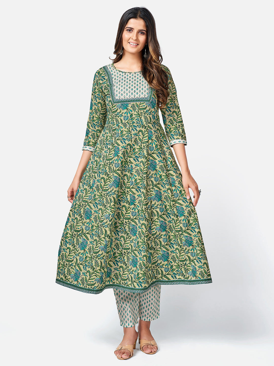 NOZ2TOZ Women Green Anarkali Cotton Kurta with Pant & Dupatta (3pcs Set) 
