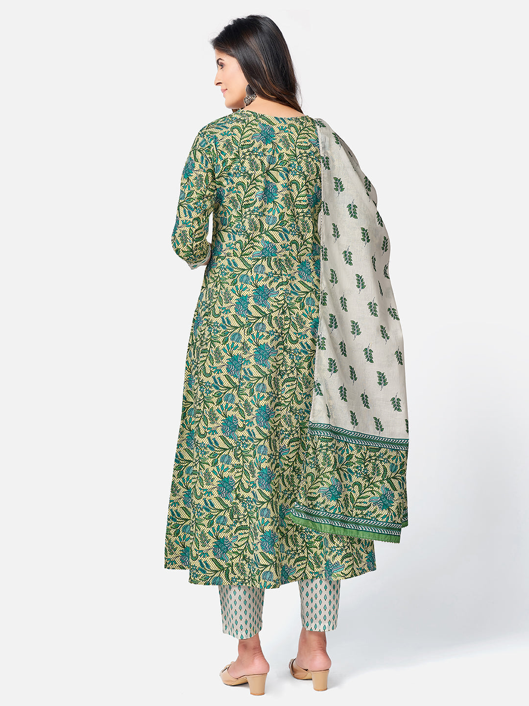 NOZ2TOZ Women Green Anarkali Cotton Kurta with Pant & Dupatta (3pcs Set) 
