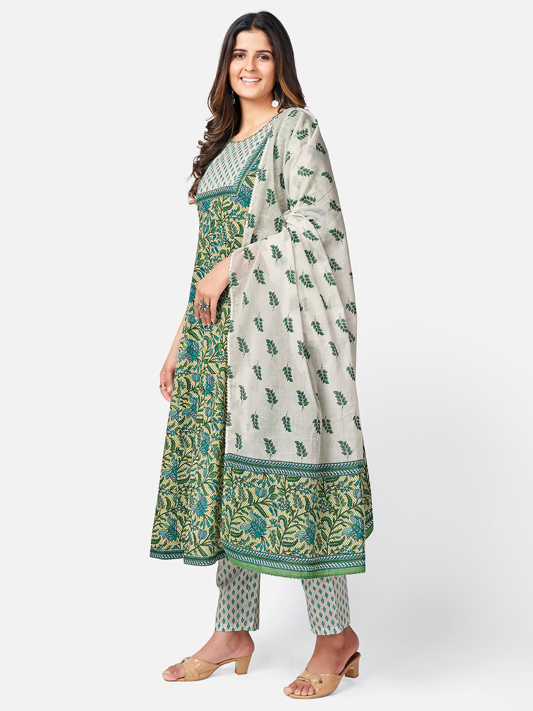 NOZ2TOZ Women Green Anarkali Cotton Kurta with Pant & Dupatta (3pcs Set) 
