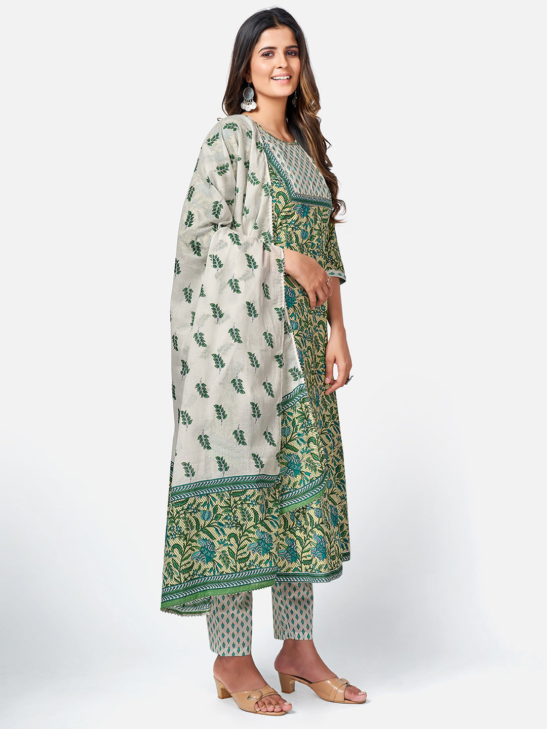 NOZ2TOZ Women Green Anarkali Cotton Kurta with Pant & Dupatta (3pcs Set) 