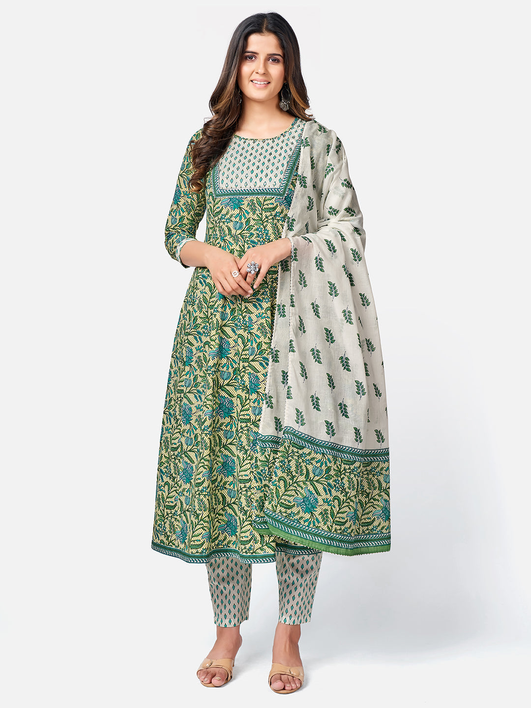 NOZ2TOZ Women Green Anarkali Cotton Kurta with Pant & Dupatta (3pcs Set) 